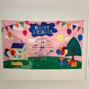 Happy Birthday Backdrop Colorful Cartoon House Sky Flag Car  Banner 72.8 x 43.3